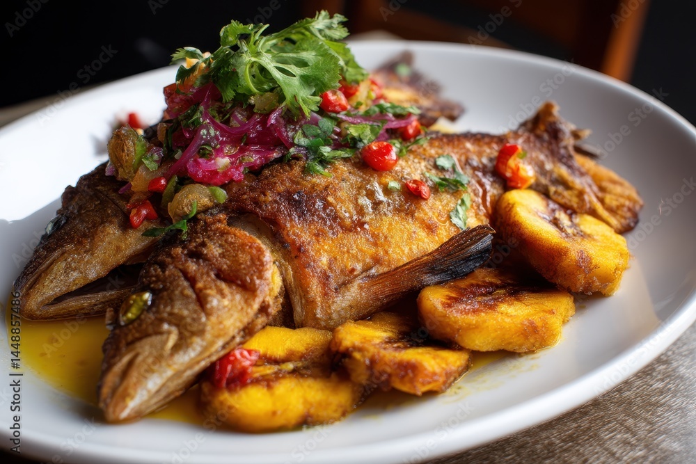Crispy red snapper with fried bananas Crispy red snapper with fried bananas