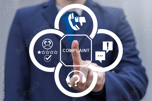 Obraz na płótnie Person using virtual touch screen push text: COMPLAINT. Concept of client complaints, bad rating review, experience negative, low quality service, unhappy customers. Complaint business client. w salonie