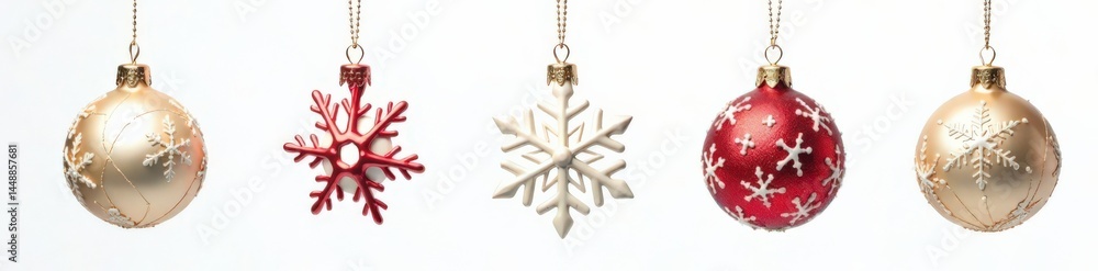 Snowflake ornaments hanging from a golden chain isolated on a white background, ornaments, christmas, festive Snowflake ornaments hanging from a golden chain isolated on a white background, ornaments, christmas, festive