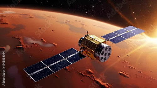 Mars satellite orbiting planet during sunrise  