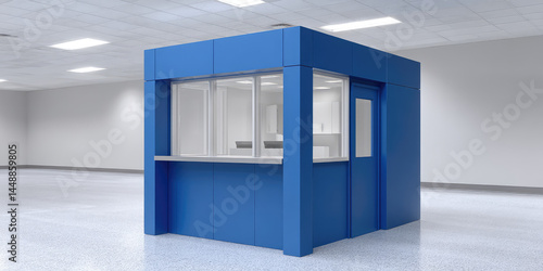 Blue modular office booth is placed in a spacious indoor environment with a grey floor and ceiling lights. Concept: Modern workspace design and modular construction