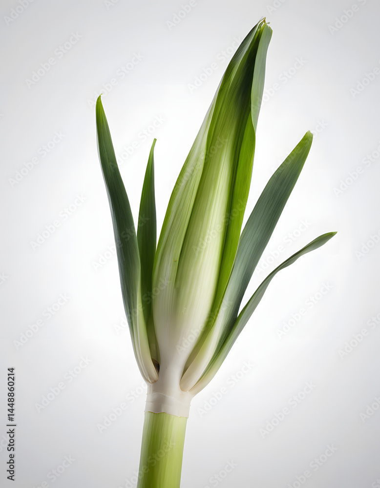 Fototapeta premium Single isolated photorealistic leek, highly detailed, sharp focus, soft studio lighting, modern aesthetic, isolated on white background