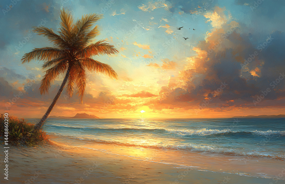 custom made wallpaper toronto digitalGolden beach sunset with palm tree art. Perfect for travel ads, vacation promos, summer campaigns, or tropical getaway themes. Impressionistic coastal serenity.
