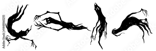 Set of creepy silhouettes of monsters, ghosts, beasts. Halloween decoration. Vector graphics.