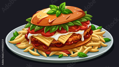 Crisp parmesan chicken layered with melted mozzarella.
Penne pasta coated in thick, aromatic marinara.
A hearty meal captured in mouthwatering detail.
Great for comforting dinner vector illustrations.