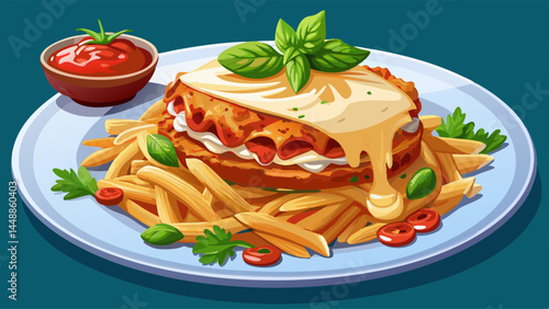 Crisp parmesan chicken layered with melted mozzarella.
Penne pasta coated in thick, aromatic marinara.
A hearty meal captured in mouthwatering detail.
Great for comforting dinner vector illustrations.
