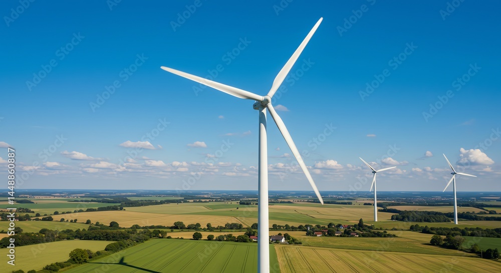 Fototapeta premium Wind Turbines in Serene Landscape: A Peaceful Aerial View