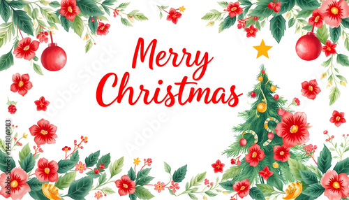 Merry christmas with santa claus, christmas tree, foliage watercolor seamless border, asian style. with white shades
