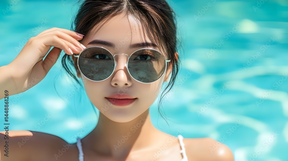 A stylish woman in round sunglasses poses in crystal-clear turquoise water, her hand casually touching her glasses, soaking in summertime bliss. A stylish woman in round sunglasses poses in crystal-clear turquoise water, her hand casually touching her glasses, soaking in summertime bliss.