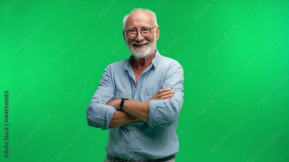 Smiling Senior Citizen with Crossed Arms: A cheerful senior citizen, wearing a blue shirt and spectacles, stands with arms crossed, radiating joy and warmth against a vibrant green backdrop. Smiling Senior Citizen with Crossed Arms: A cheerful senior citizen, wearing a blue shirt and spectacles, stands with arms crossed, radiating joy and warmth against a vibrant green backdrop.