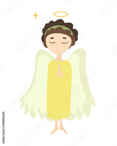 A cute boy angel with dark hair in a green tunic closed his eyes and folded his hands in prayer.Vector illustration in a cartoon style