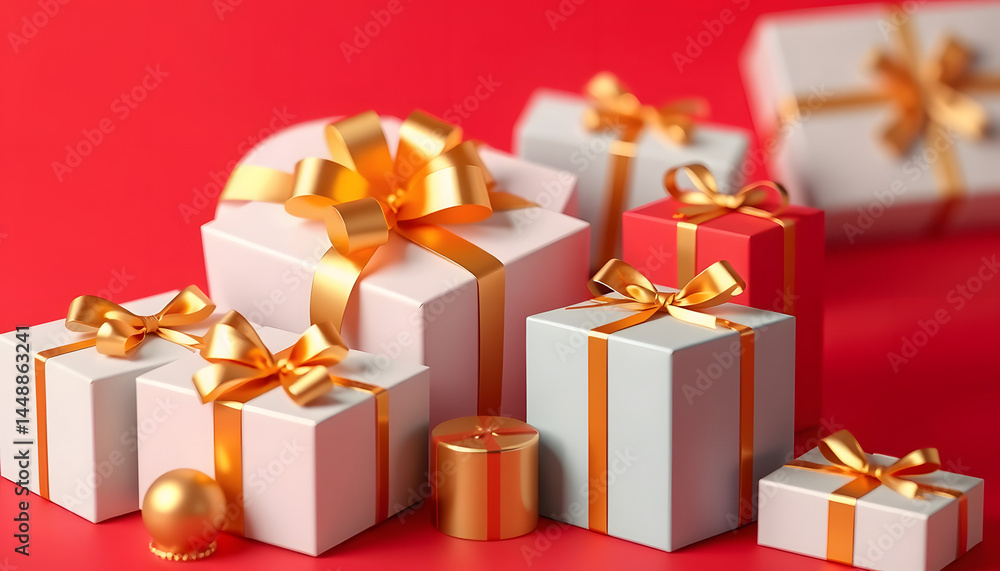 Obraz premium Isolated Christmas gift packages with golden ribbons on red background, low-poly. with white shades