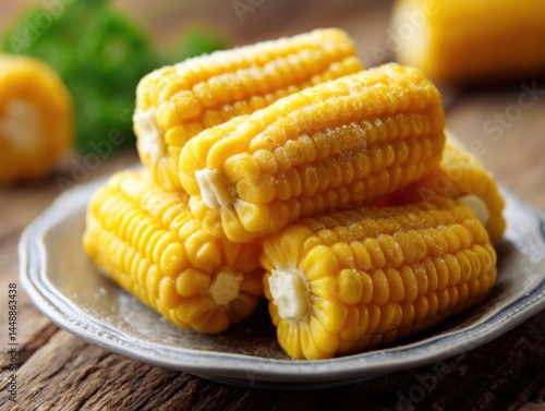Canned mini corn cobs on grey plate on table