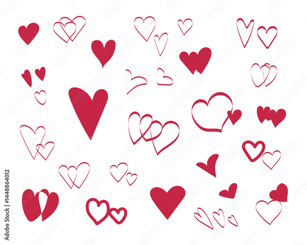 Set of vector, linear red hearts on a white .Set of Heart doodles, decorative hearts line art set, heart illustration border, love symbol collection, isolated on white background Set of vector, linear red hearts on a white .Set of Heart doodles, decorative hearts line art set, heart illustration border, love symbol collection, isolated on white background