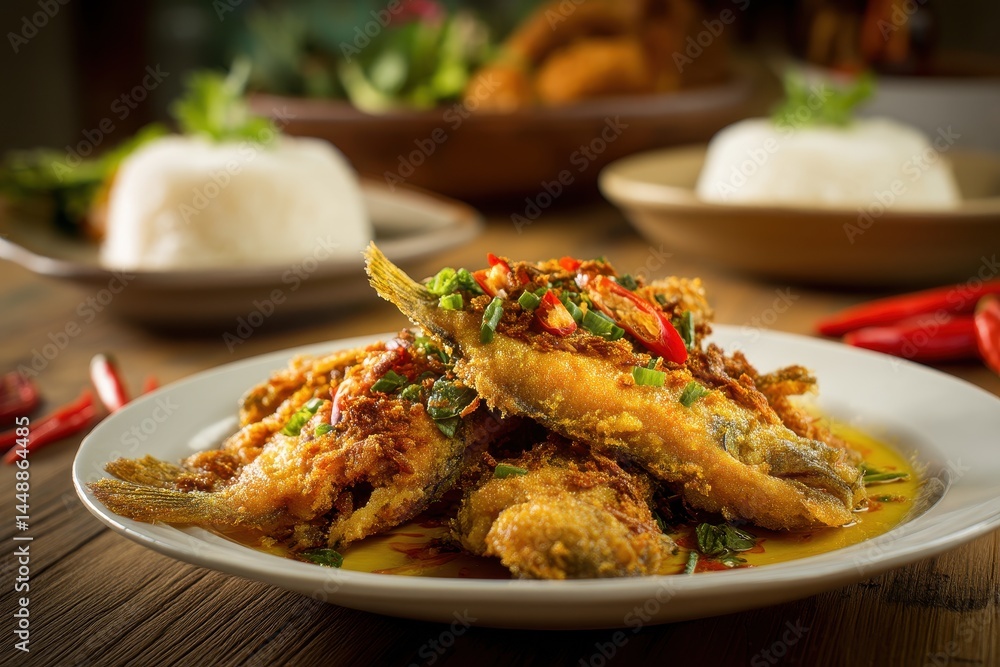 Fototapeta premium Fried catfish on a white plate on a wood table traditional Indonesian dish