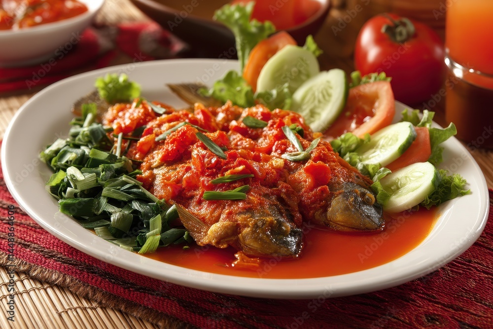 Fried catfish with tomato sauce and fresh vegetables is a classic Indonesian dish ideal for menu catalogs recipe magazines and covers Fried catfish with tomato sauce and fresh vegetables is a classic Indonesian dish ideal for menu catalogs recipe magazines and covers