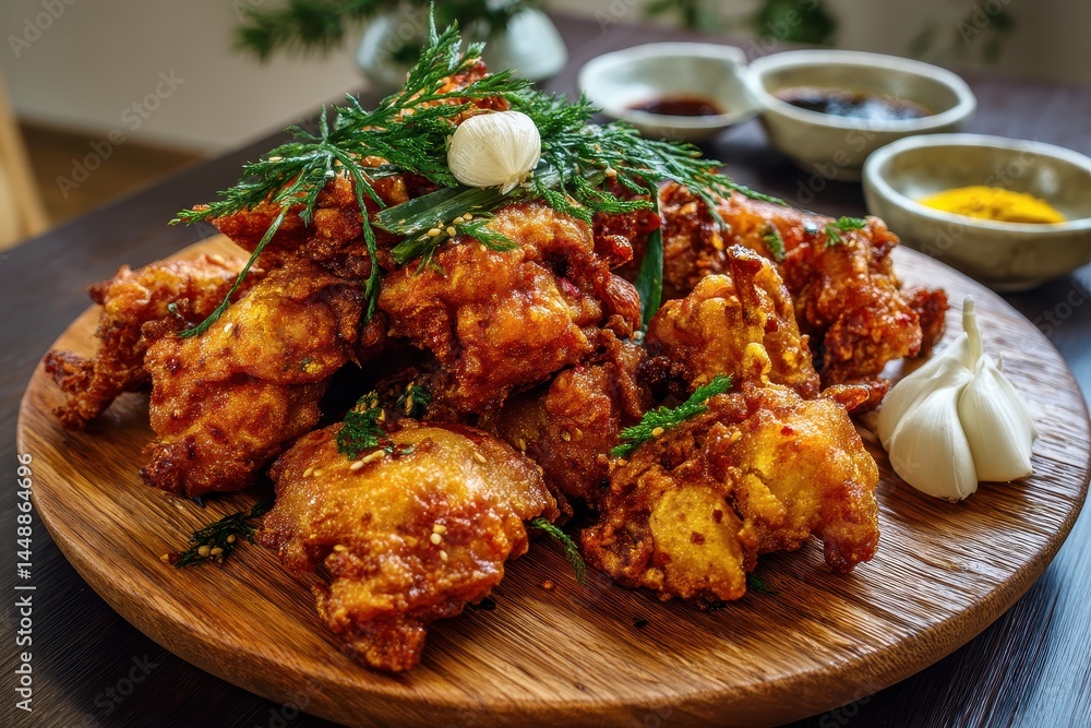 Fried chicken with Korean mustard sauce seasoned duck half and half garlic soy sauce and radish Fried chicken with Korean mustard sauce seasoned duck half and half garlic soy sauce and radish