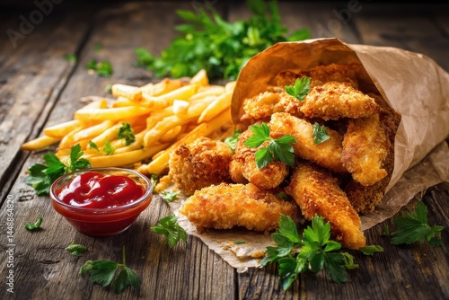 fried chicken strips and fries on a wooden backdrop