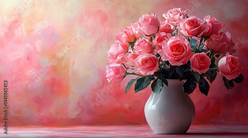 Fototapeta Naklejka Na Ścianę i Meble -  Pink roses in vase, painted background, romantic setting, Valentine's Day card
