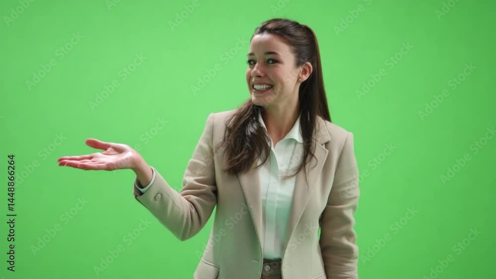 Confident Presentation: A professional woman, dressed in a stylish blazer, confidently presents an idea, concept or product, using a green background. Her body language is open, engaging. Confident Presentation: A professional woman, dressed in a stylish blazer, confidently presents an idea, concept or product, using a green background. Her body language is open, engaging.