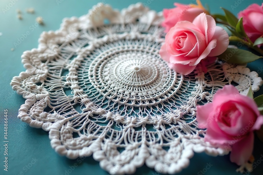 Obraz premium Intricate floral lace doily, delicate texture, stylish, close-up