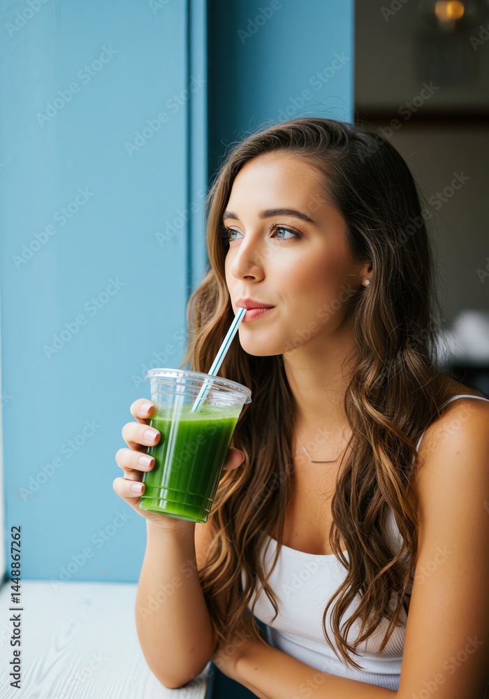 Woman Enjoying a Green Smoothie by a Window: Serene and Healthy Woman Enjoying a Green Smoothie by a Window: Serene and Healthy