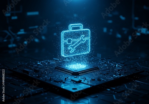 Toolbox Icon Glowing Above Microchip for Computer Repair Services