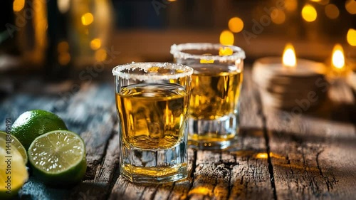 Two Glasses of Tequila on Rustic Wood