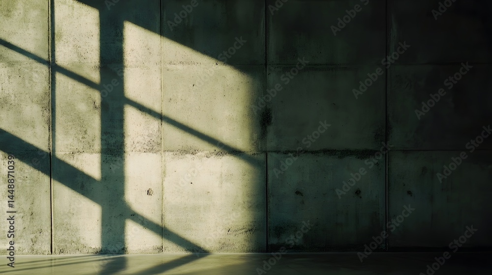 Naklejka premium Dramatic lighting casts geometric shadows on a neutral-toned concrete wall with rectangular pattern divisions in an indoor space.
