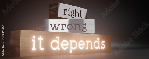 Photos Right, wrong, it depends - block shapes and glow effect - 3D illustration