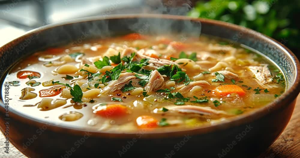 A steaming bowl of hearty chicken noodle soup with fresh herbs and vegetables on a wooden table A steaming bowl of hearty chicken noodle soup with fresh herbs and vegetables on a wooden table