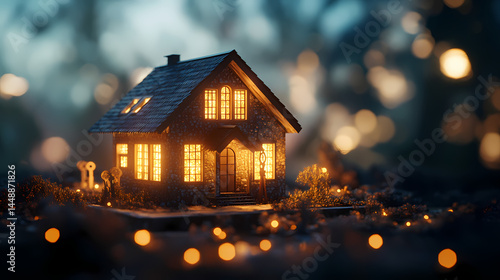 Wallpaper Mural Illuminated home model with keys: a symbol of new beginnings and real estate. [Dream Architectures] | Moonstone Pavillions | lunar halls. Illustration Torontodigital.ca