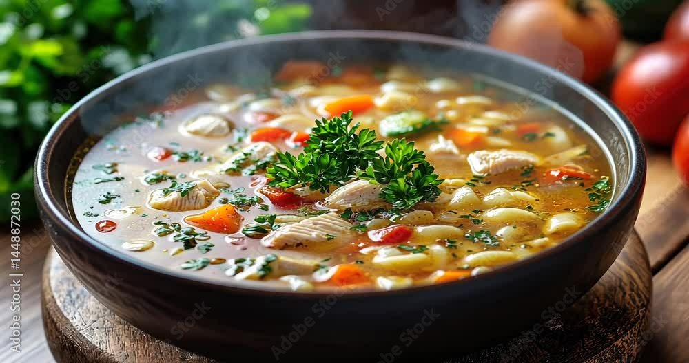 A steaming bowl of hearty chicken soup garnished with fresh herbs, surrounded by vegetables A steaming bowl of hearty chicken soup garnished with fresh herbs, surrounded by vegetables