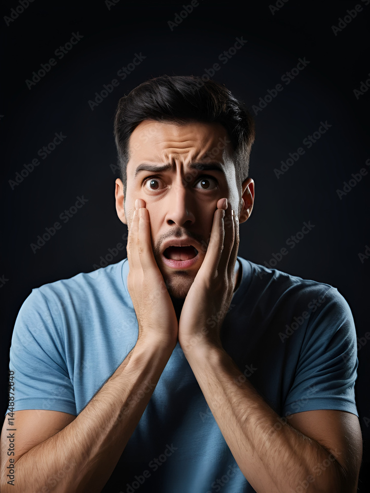 Fototapeta premium Man having panic attack on dark background