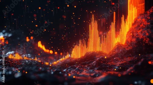Abstract Fiery Digital Landscape: Glowing Red-Orange Data Peaks on Dark Terrain, Representing Tech, Big Data, Energy, and Cyber Security.