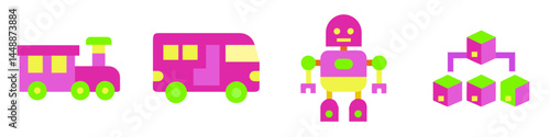 Colorful school bus, toy train, toy robot and building cubes icon set on minimalistic white background for educational themes and transportation concepts