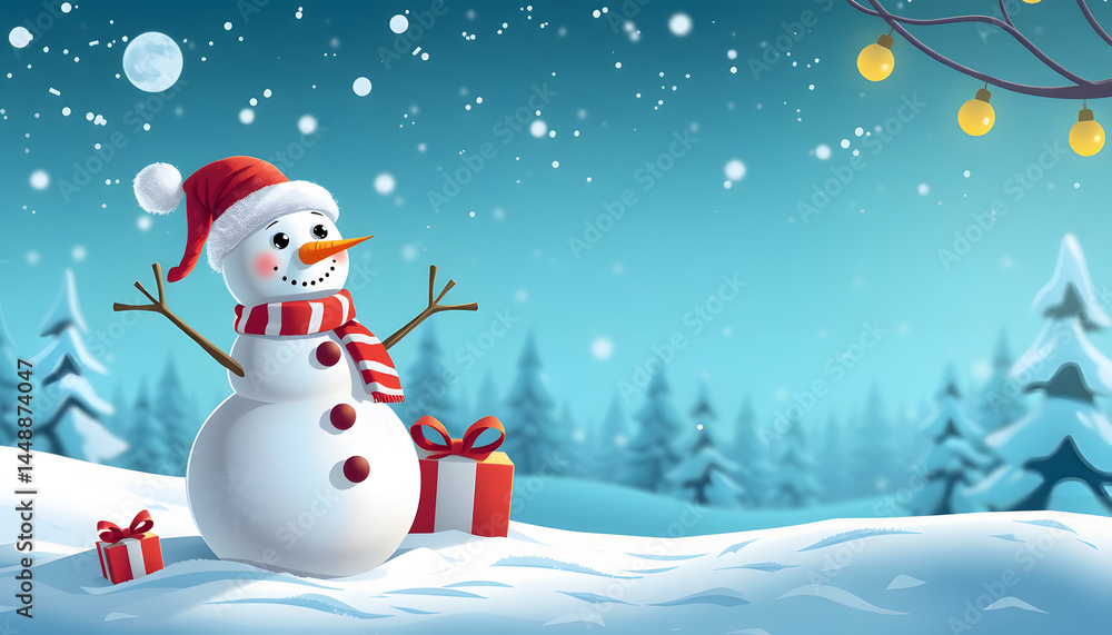 Fototapeta premium 3d snowman, Christmas banner, winter background, comic art. with white shades