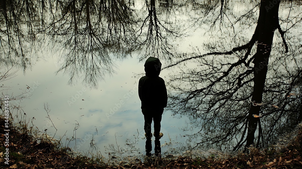 A reflective mind with a calm, still lake and a person gazing A reflective mind with a calm, still lake and a person gazing