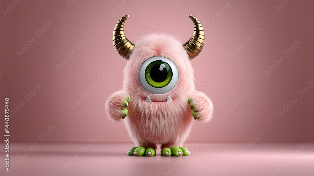 Fototapeta premium Cute pink fluffy monster with one big eye and horns on pink background