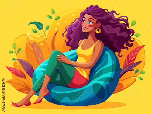 Beautiful attractive attractive lovely girl with dreamy vector of happy wavy hair sitting on beanbag chair resting on holiday isolated on bright bright glow of vibrant yellow color...