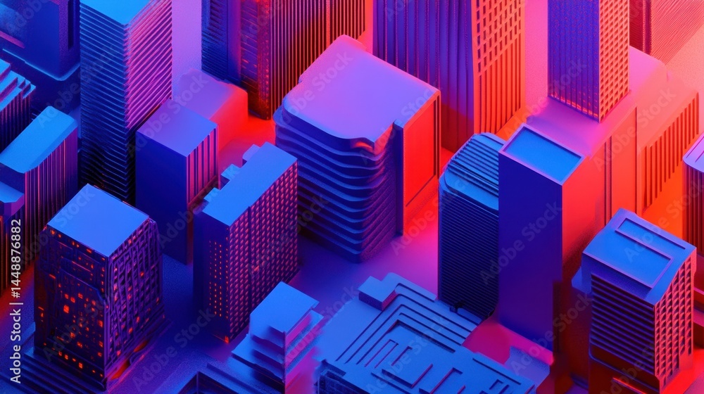 Abstract cityscape geometric buildings isometric view blue and red Abstract cityscape geometric buildings isometric view blue and red
