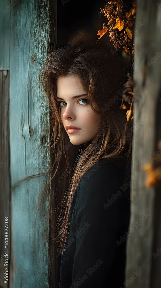 Fototapeta premium Mysterious Girl Hiding Behind Rustic Wooden Door Autumn Leaves