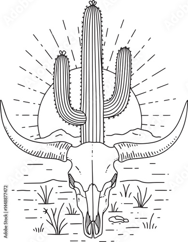 Western Bull Skull Line Art: Cactus & Rising Sun