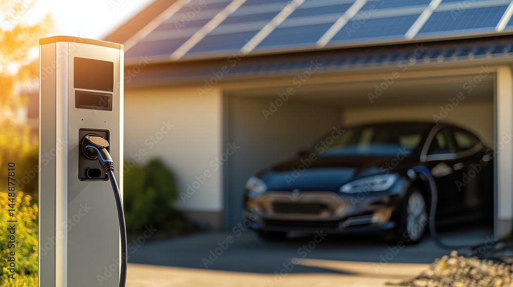 Fototapeta premium Close-up of matte gray pedestal charger powering electric car near garage with rooftop solar panels in background, Germany