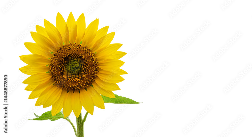 Fototapeta premium Bright yellow sunflower with realistic petals and stem isolated on white background, ideal for floral branding, summer illustrations, farming visuals, and eco-friendly product decoration