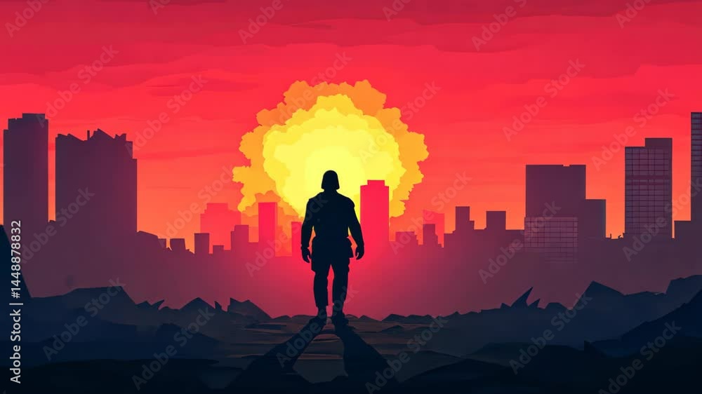 A shadowy figure strides through a ruined city, drawn towards a vibrant explosion, embodying the spirit of adventure and survival. A shadowy figure strides through a ruined city, drawn towards a vibrant explosion, embodying the spirit of adventure and survival.