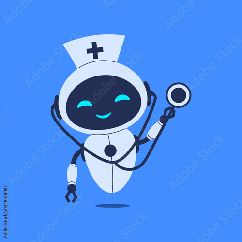 Smiling robot doctor with stethoscope. Vector illustration for AI in healthcare, medical assistance and futuristic diagnostics
