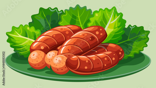 Brazilian-style sausages seasoned to perfection.
Lettuce adds a fresh, healthy contrast.
White backdrop emphasizes the dish’s appeal.
Designed for street food vector collections.


