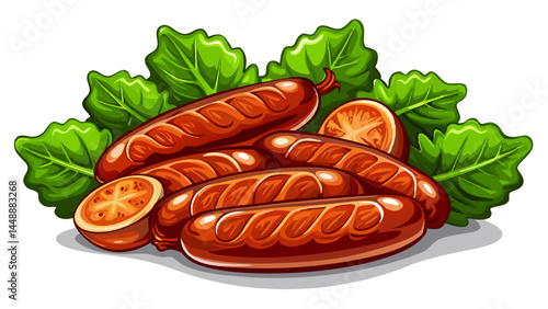 Brazilian-style sausages seasoned to perfection.
Lettuce adds a fresh, healthy contrast.
White backdrop emphasizes the dish’s appeal.
Designed for street food vector collections.

