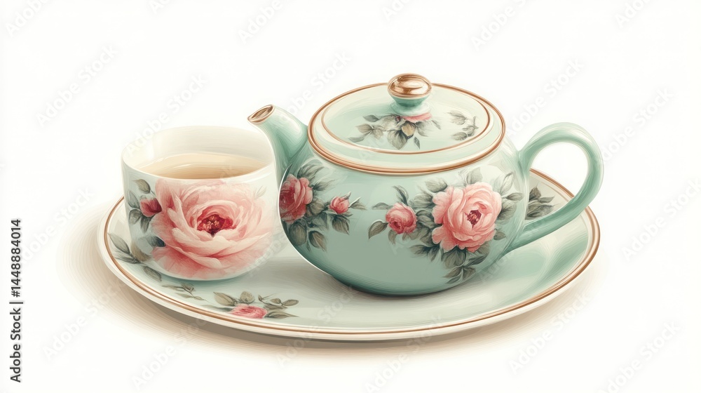 Elegant Floral Teapot and Cup Set with Delicate Roses for Tea Time Moments Elegant Floral Teapot and Cup Set with Delicate Roses for Tea Time Moments